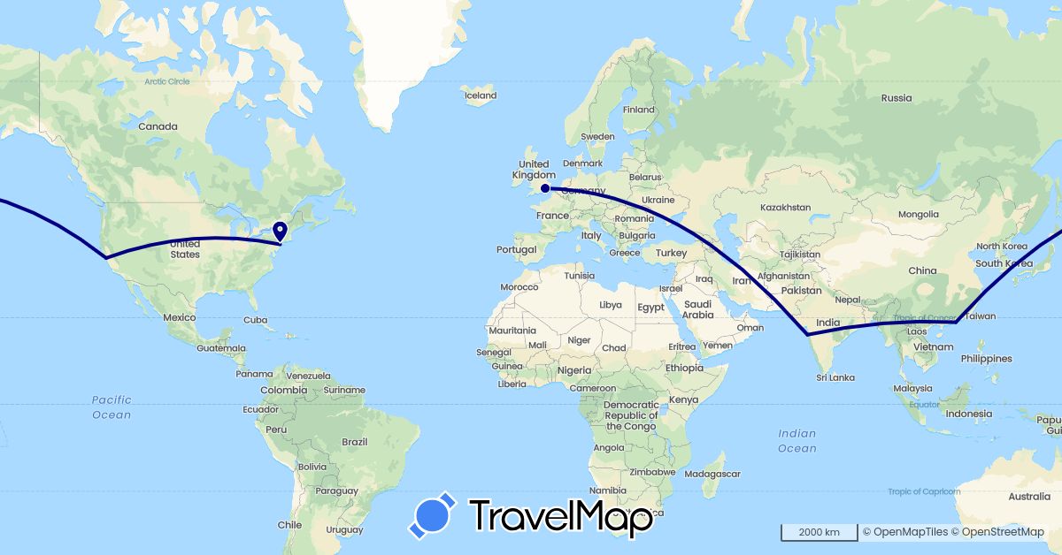 TravelMap itinerary: driving in China, United Kingdom, India, United States (Asia, Europe, North America)